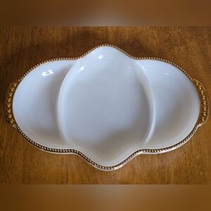 Anchor Hocking Fire King White Milk Glass Divided Dish w Gold Colored Trim